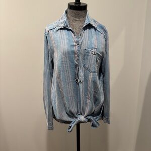 Tie front, button up, distressed denim shirt